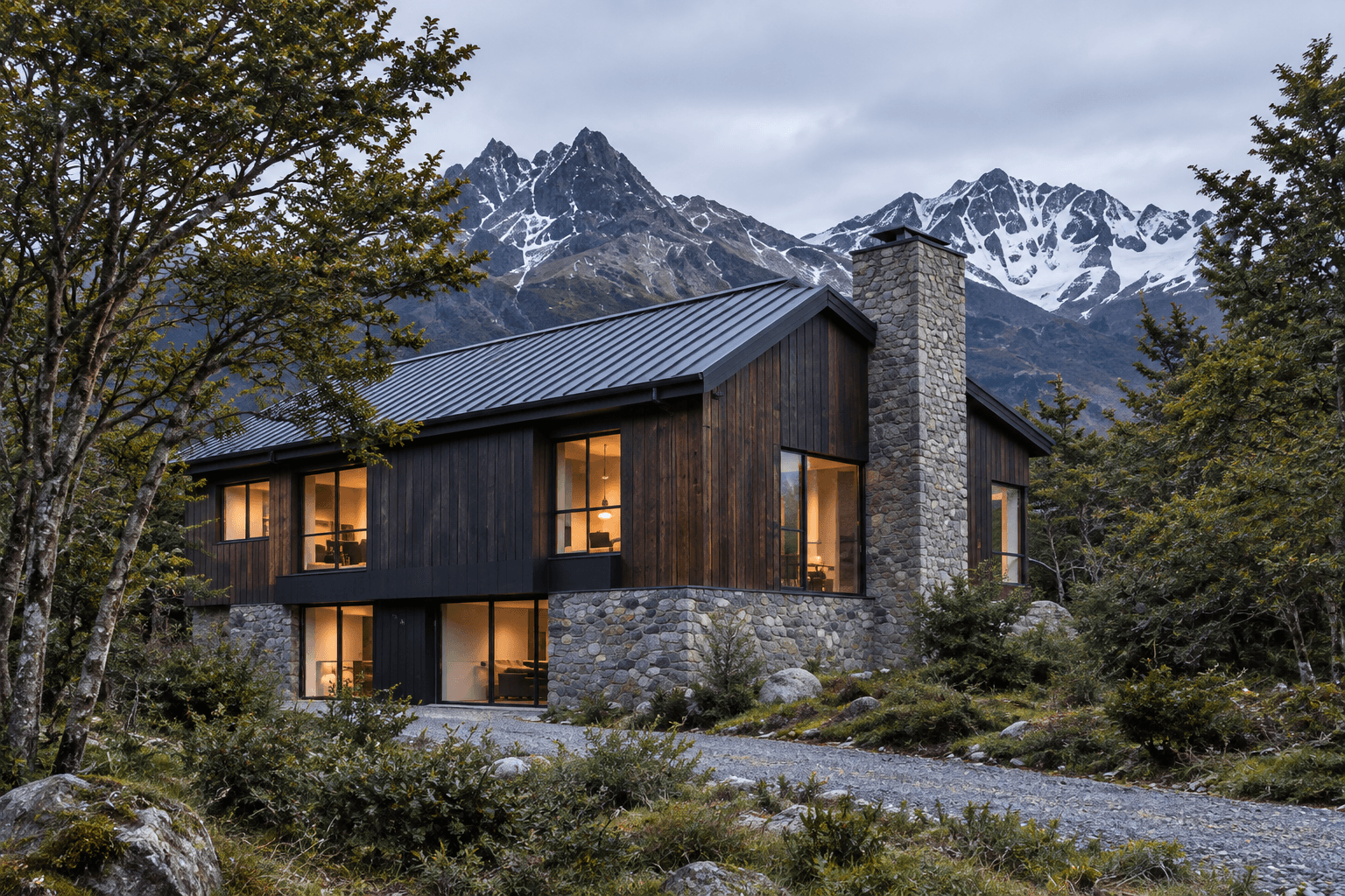Casa de estilo patagónico entre bosque y montañas